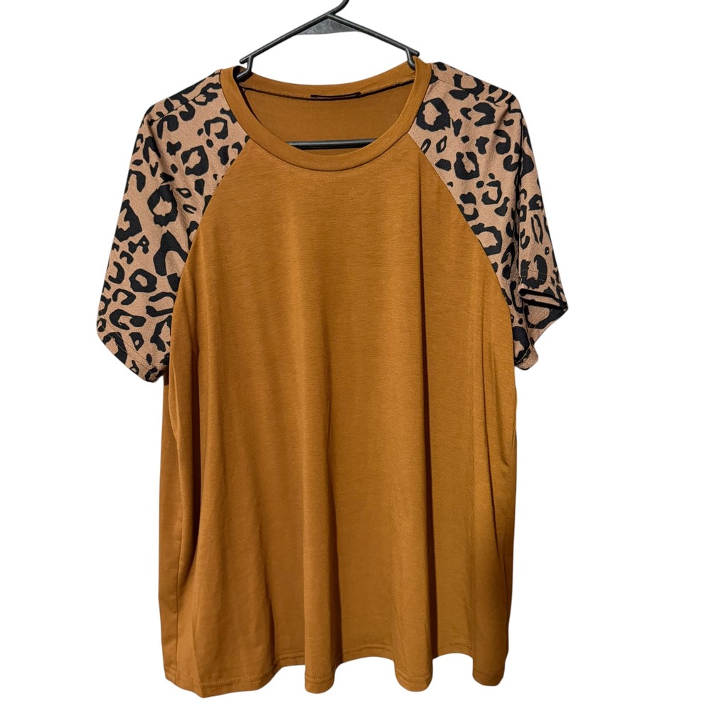 Emery Rose Womens 1XL Rust Orange Raglan Leopard Print Short Sleeve‎ Top T-Shirt